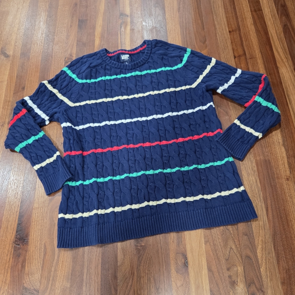 Lands' End DrifterNavy Blue Colorful Striped Cable Knit Sweater Size Large